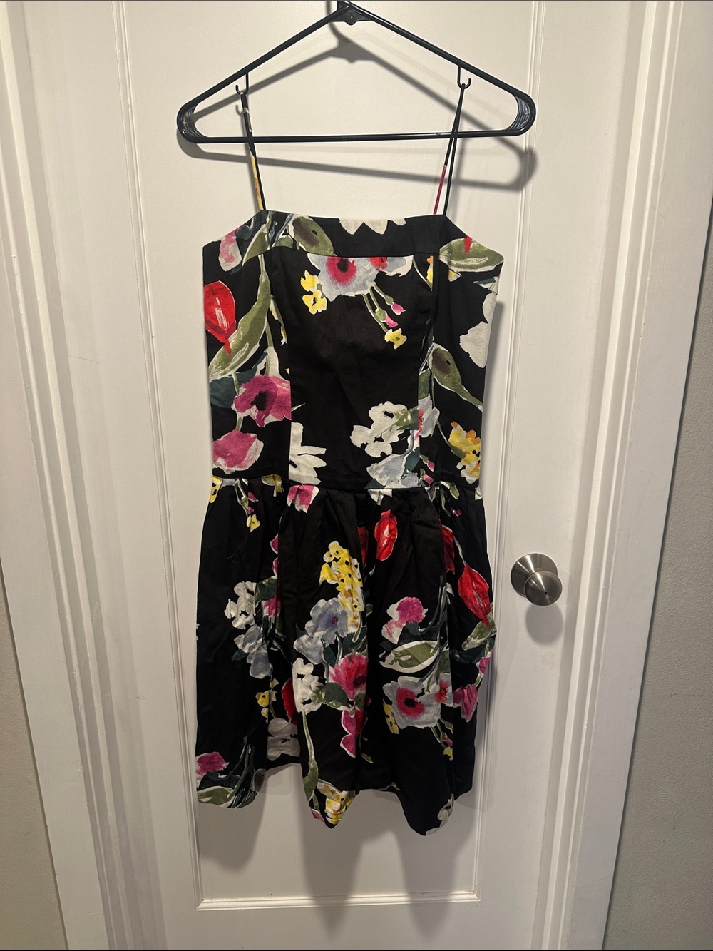 American Living Black Floral Cotton Sundress with Green, Yellow & Red Accents
